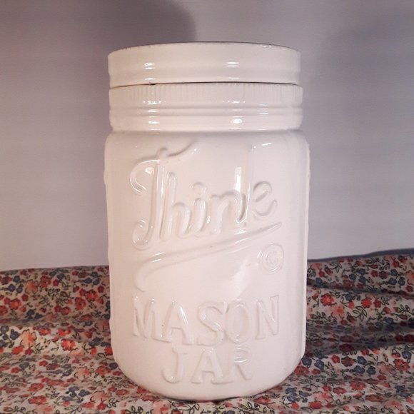 Large Cookie Jar Container - Mason Jar Style White Ceramic - Picture 1 of 11